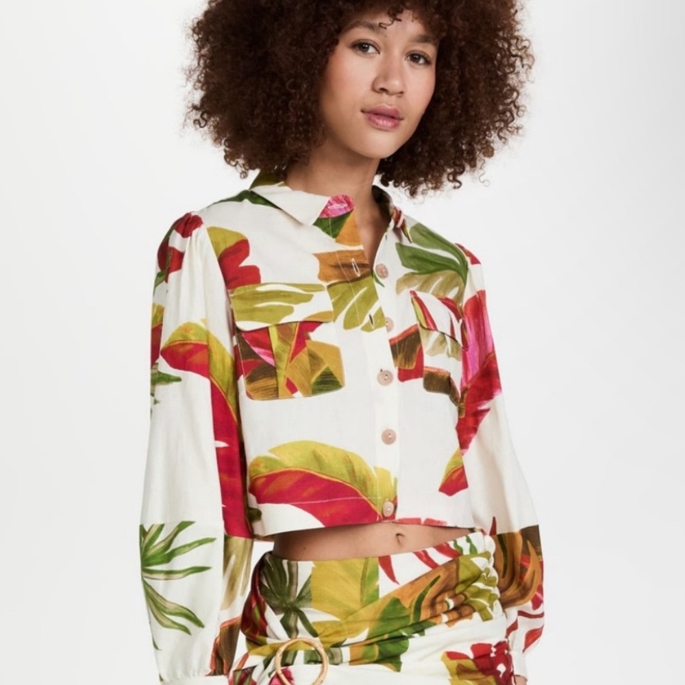 Farm Rio Forest Linen Blend Cropped Boxy Shirt Size Small - Picture 4 of 6